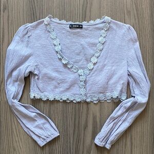 Pastel Blue Crop Top with Floral Trim